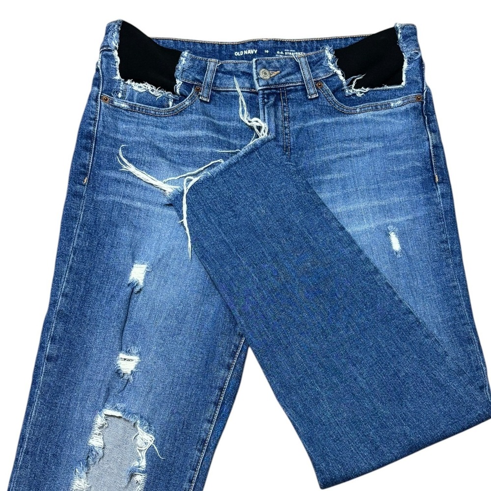 Old Navy OG Straight High Rise Distressed Jeans Medium Wash Womens 10 Raw Hem
